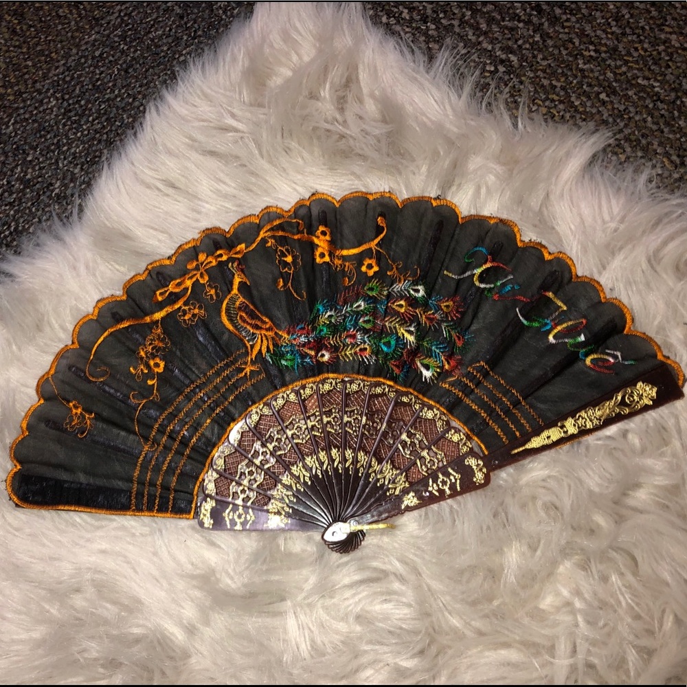 Vintage Embroidered Colorful Peacock Hand Fan!